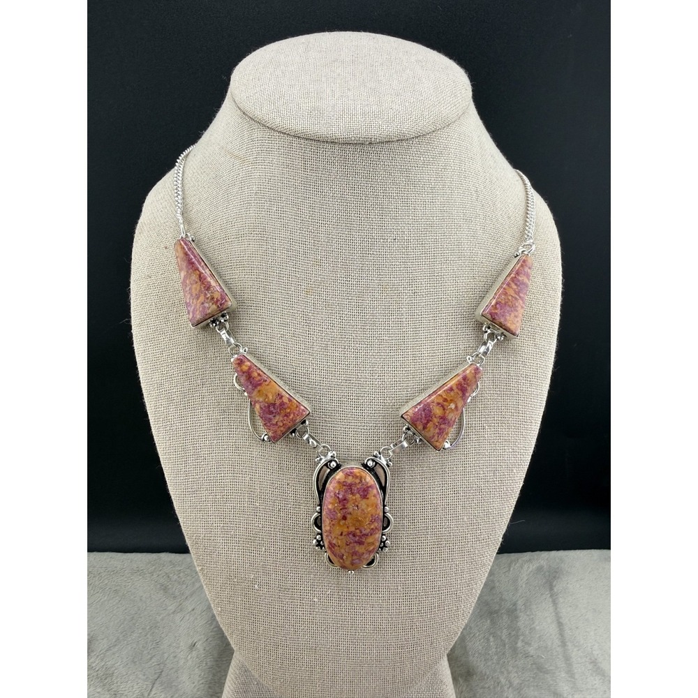 Vintage Stone Pink Statement Necklace Polished Jasper 20" - Picture 1 of 12